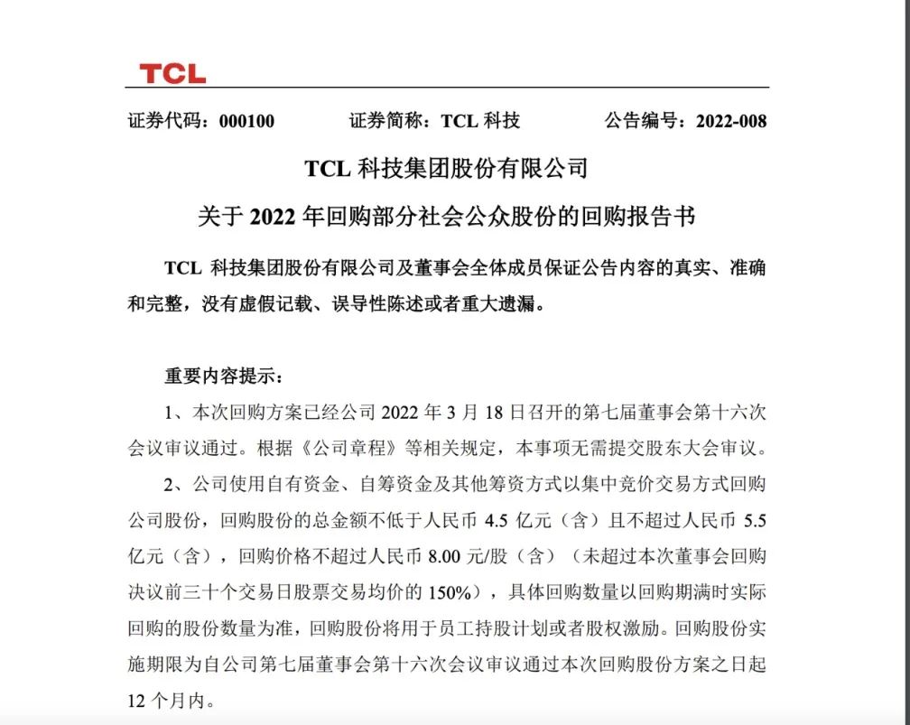 TCL科技發(fā)布公告：擬以4.5億元-5.5億元回購公司股份