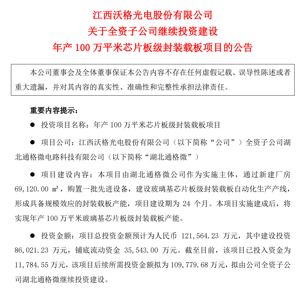 沃格光電：繼續(xù)投建年產(chǎn)100萬(wàn)平米芯片板級(jí)封裝載板項(xiàng)目