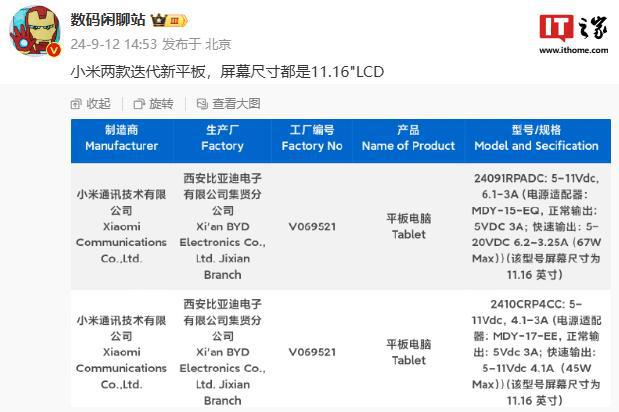 消息稱小米兩款迭代新平板均采用 11.16 英寸 LCD 顯示屏