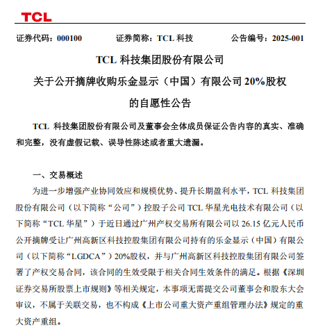 TCL華星以26.15億元摘牌收購廣州高新科控持有的LGDCA 20%股權(quán)